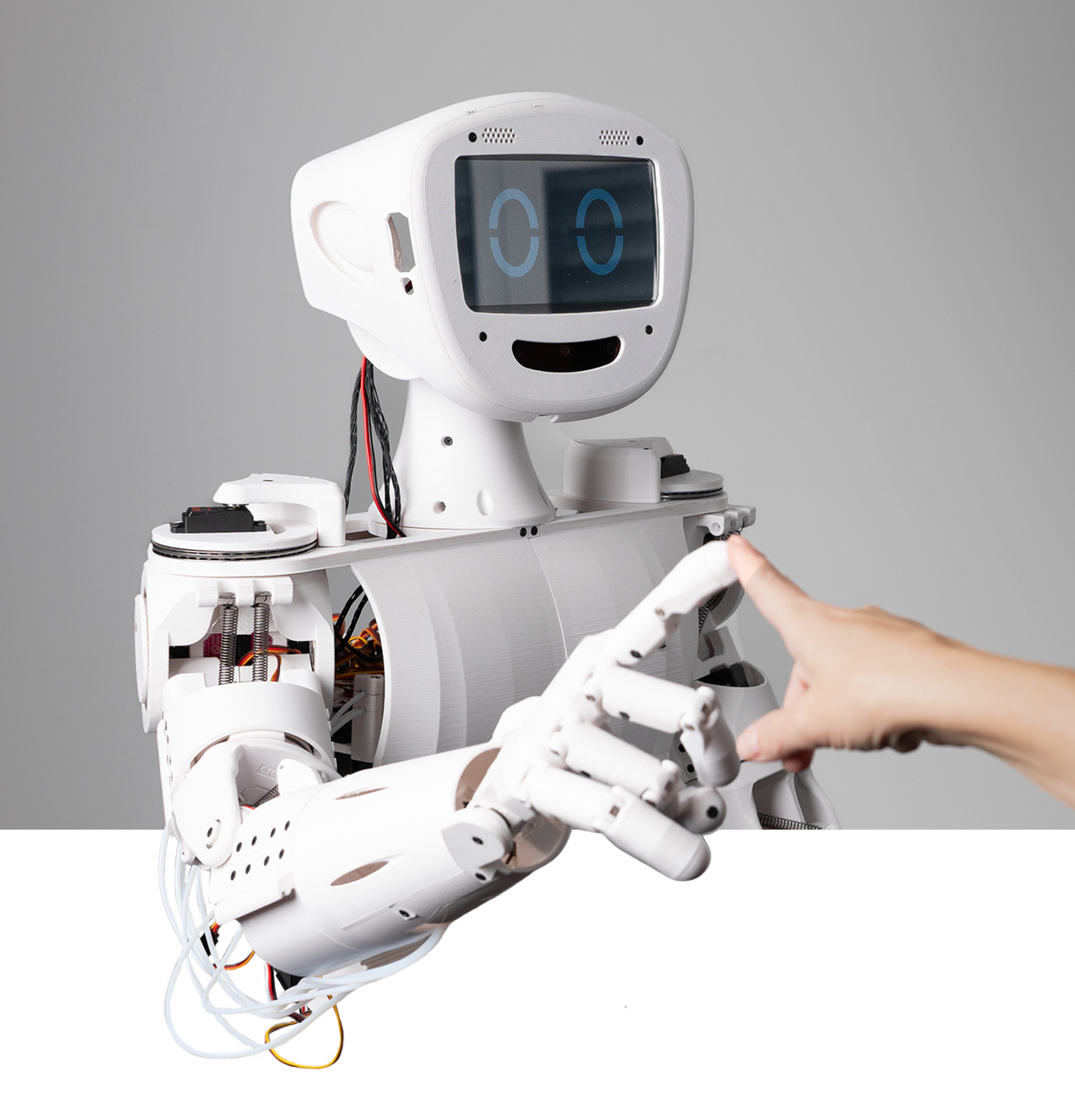 Humanoider Roboter, der mit dem Finger nach oben zeigt